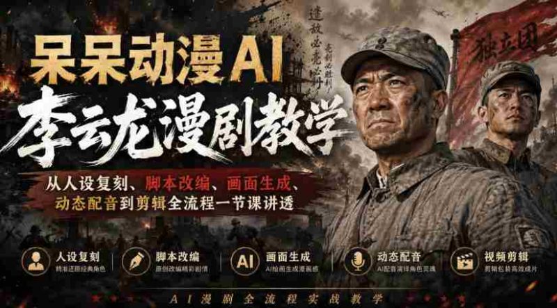 呆呆动漫AI李云龙漫剧教学,从人设复刻、脚本改编、画面生成、动态配音到剪辑全流程一节课讲透-有道网创