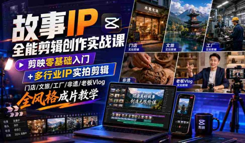 故事IP全能剪辑创作实战课|剪映零基础入门+多行业IP实拍剪辑,门店/文旅/工厂/非遗/老板Vlog全风格成片教学-有道网创
