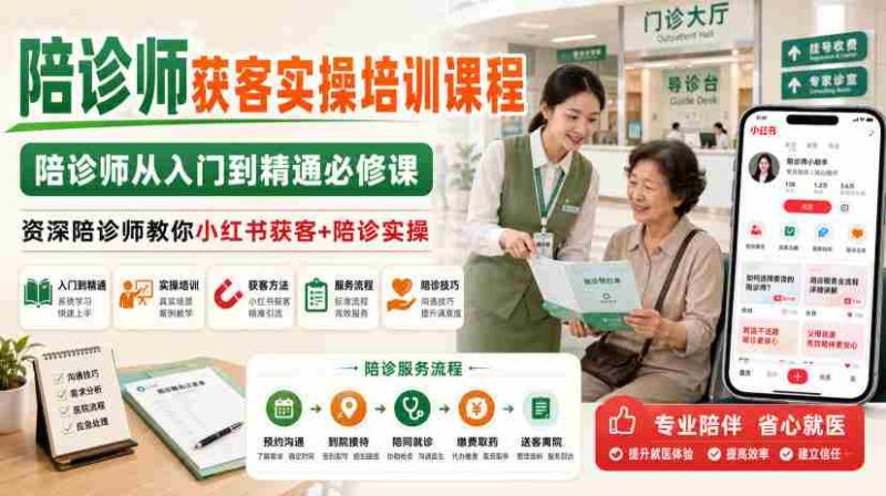 陪诊师获客实操培训课程,陪诊师从入门到精通必修课,资深陪诊师教你小红书获客+陪诊实操-有道网创