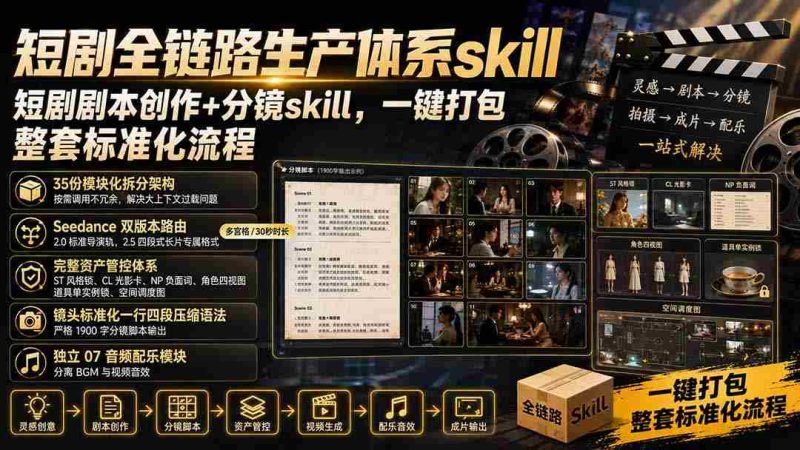 (19911期)短剧全链路生产体系skill,短剧剧本创作+分镜skill,一键打包,整套标准化流程-有道网创