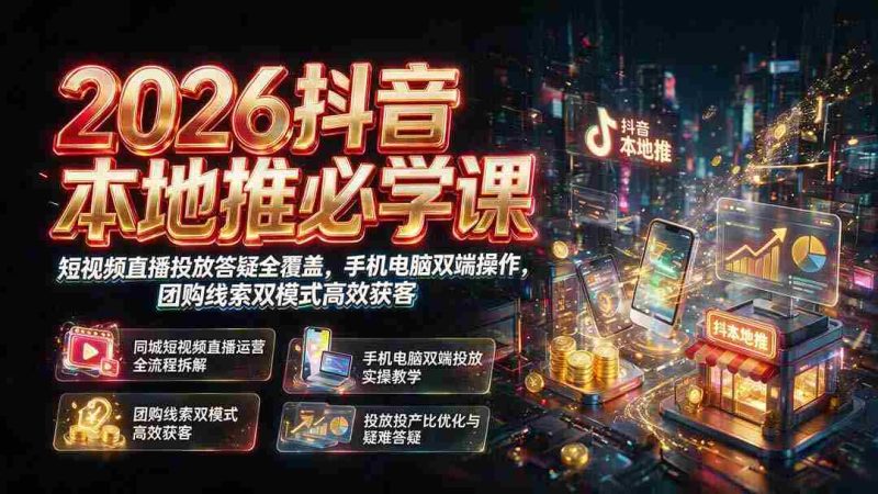 (19618期)2026抖音本地推必学课|短视频直播投放答疑全覆盖,手机电脑双端操作,团购线索双模式高效获客-有道网创