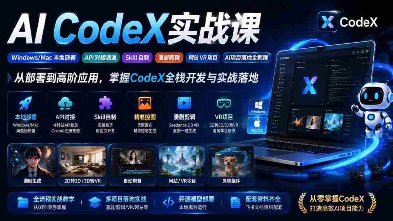 (19769期)AI CodeX实战课|Windows/Mac 本地部署|API 对接调通|Skill 自制|漫剧剪辑|网站 VR 项目|AI项目落地全教程-有道网创