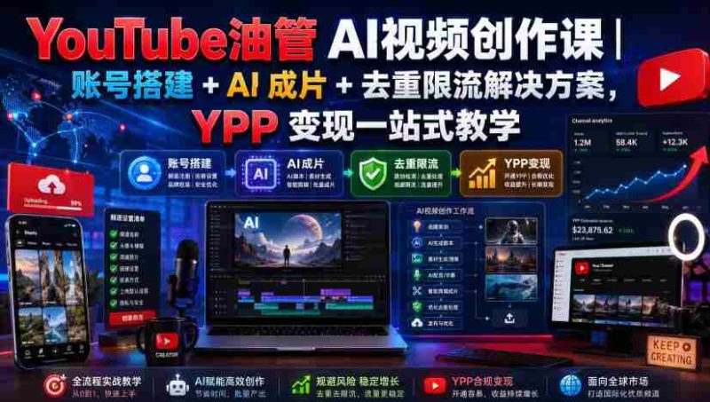 YouTube油管AI视频创作课|账号搭建+AI成片+去重限流解决方案,YPP变现一站式教学-有道网创