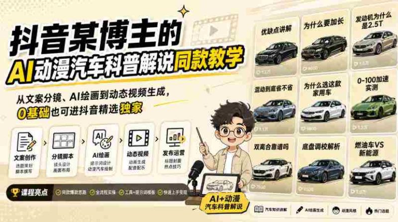 抖音某博主的AI动漫汽车科普解说同款教学,从文案分镜、AI绘画到动态视频生成,0基础解锁抖音精选独家收益-有道网创