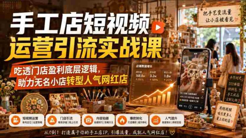 手工店短视频运营引流实战课,吃透门店盈利底层逻辑,助力无名小店转型人气网红店-有道网创