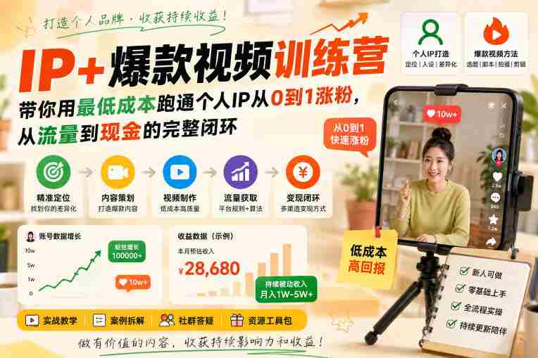 IP+爆款视频训练营,带你用最低成本跑通个人IP从0到1涨粉,从流量到现金的完整闭环-有道网创