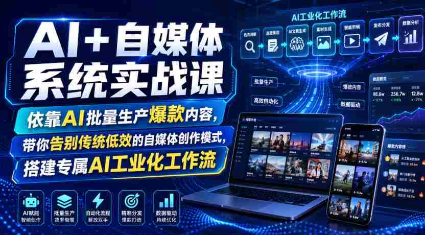 AI+自媒体系统实战课，依靠AI批量生产爆款内容，带你告别传统低效的自媒体创作模式，搭建专属AI工业化工作流-有道网创