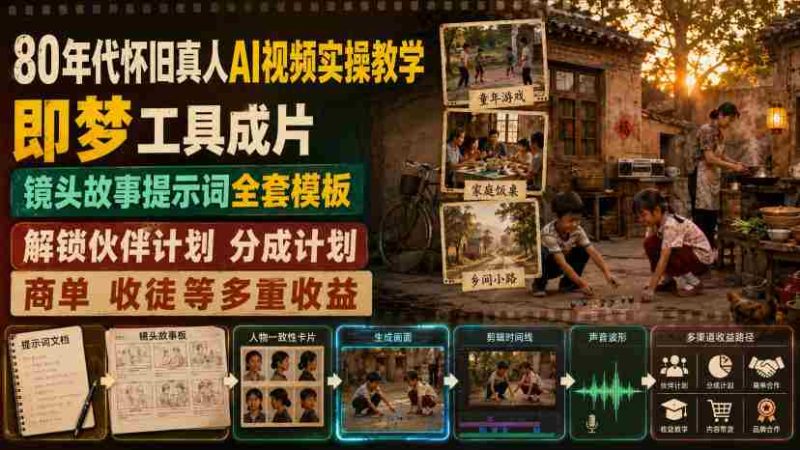 80年代怀旧真人AI视频实操教学,即梦工具成片、镜头故事提示词全套模板,解锁伙伴计划分成计划商单收徒等多重收益-有道网创