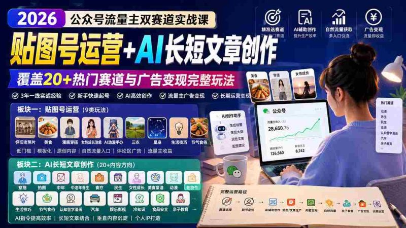 (20153期)公众号流量主双赛道实战课:贴图号运营+AI长短文章创作,覆盖20+热门赛道与广告变现完整玩法-有道网创