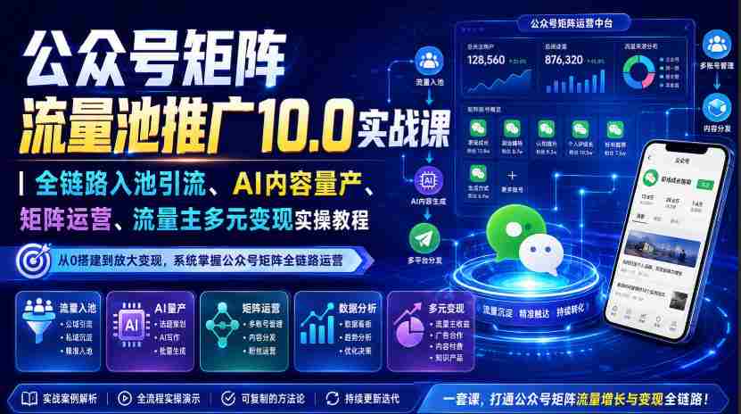 公众号矩阵流量池推广10.0实战课｜全链路入池引流、AI内容量产、矩阵运营、流量主多元变现实操教程-有道网创