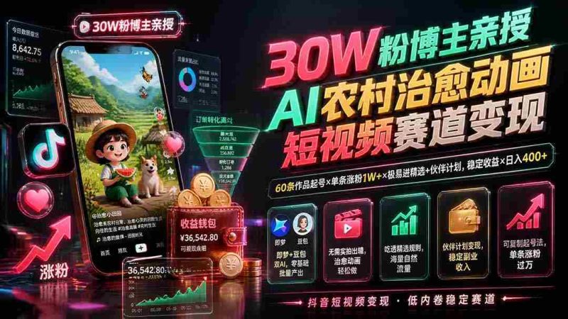 (19648期)30W粉博主亲授AI农村治愈动画短视频赛道变现:60条作品起号×单条涨粉1W+×极易进精选+伙伴计划,稳定收益×日入400+-有道网创