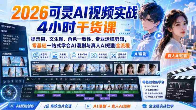 2026可灵AI视频实战4小时干货课|提示词、文生图、角色一致性、专业运镜剪辑,零基础一站式学会AI漫剧与真人AI短剧全流程-有道网创