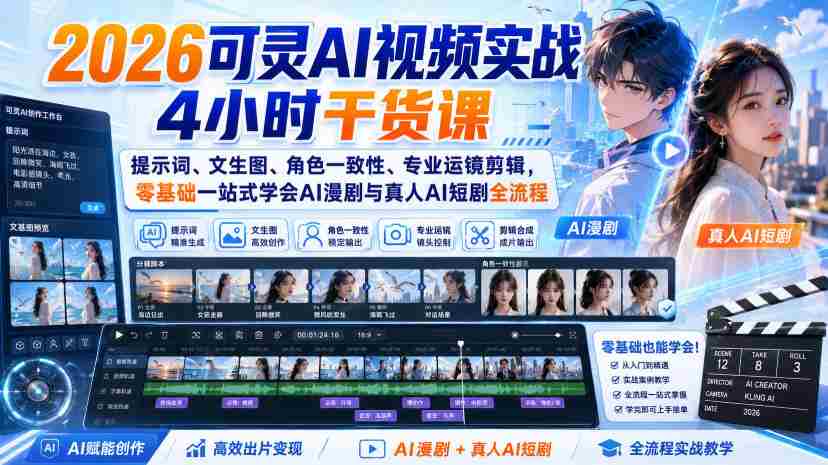 2026可灵AI视频实战4小时干货课|提示词、文生图、角色一致性、专业运镜剪辑,零基础一站式学会AI漫剧与真人AI短剧全流程