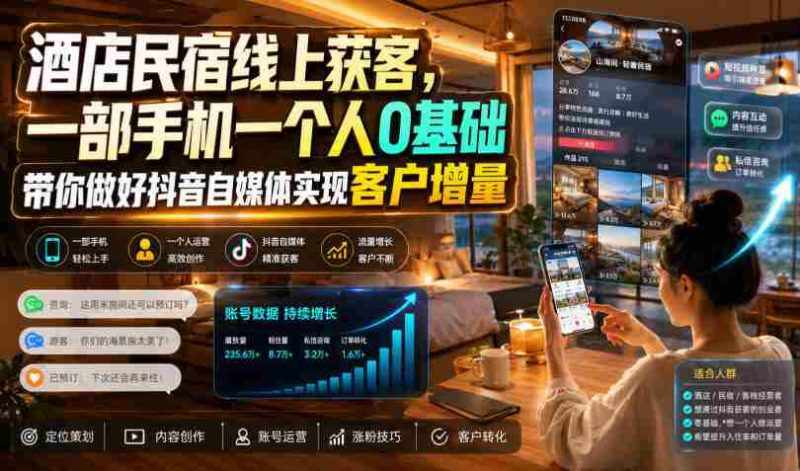 酒店民宿线上获客,一部手机一个人0基础带你做好抖音自媒体实现客户增量-有道网创