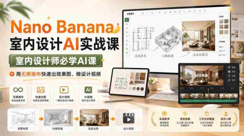 Nano Banana室内设计AI实战课,室内设计师必学AI课,用无限画布快速出效果图、做设计视频-有道网创