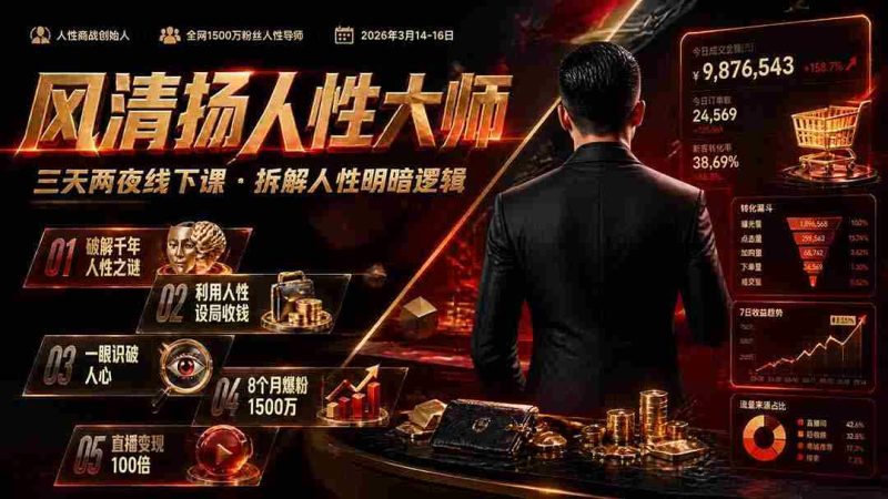 (19676期)风清扬人性大师-三天两夜3月14-16线下课2026年|拆解人性明暗逻辑,识人避坑,千万粉涨粉+直播百倍变现实战教学-有道网创