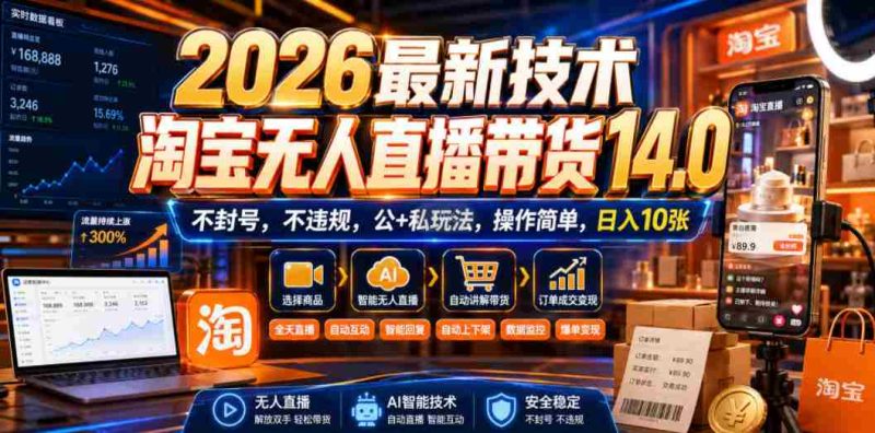 2026最新技术,淘宝无人直播带货14.0,不封号,不违规,公+私玩法,操作简单,日入10张【揭秘】-有道网创