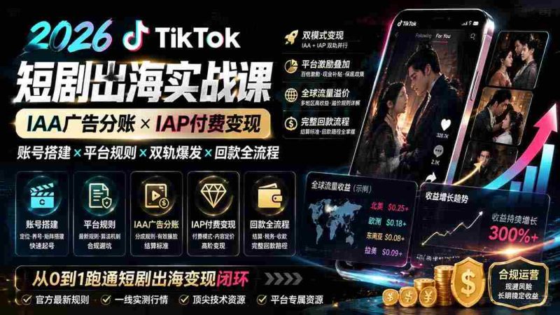 (19740期)2026TikTok短剧出海实战课:IAA广告分账×IAP付费变现×账号搭建×平台规则×双轨爆发×回款全流程-有道网创