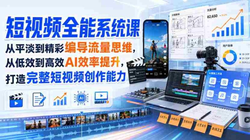 短视频全能系统课,从平淡到精彩编导流量思维,从低效到高效AI效率提升,打造完整短视频创作能力(2026年8月30更新233集)-有道网创