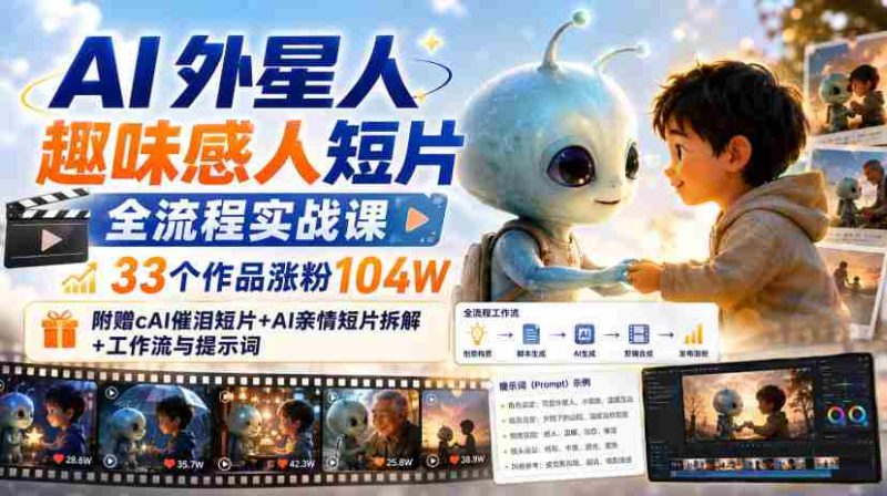 AI外星人趣味感人短片全流程实战课,33个作品涨粉104W,附赠AI催泪短片+AI亲情短片拆解+工作流与提示词-有道网创