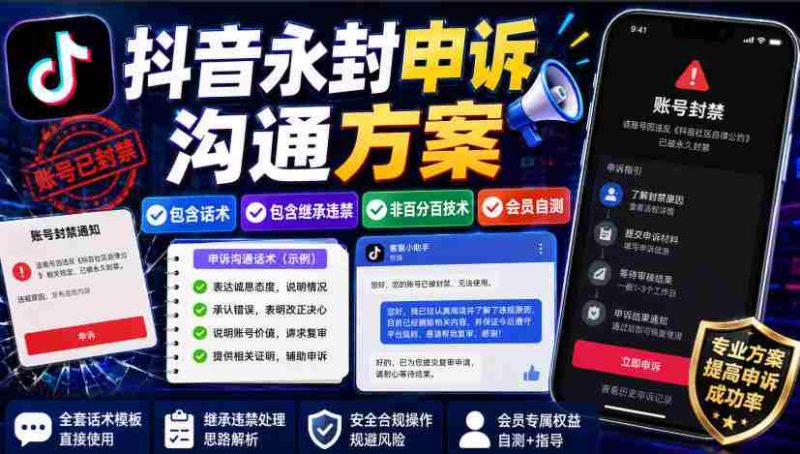 抖音永封申诉沟通方案,包含话术,包含继承违禁,非百分百技术,会员自测-有道网创
