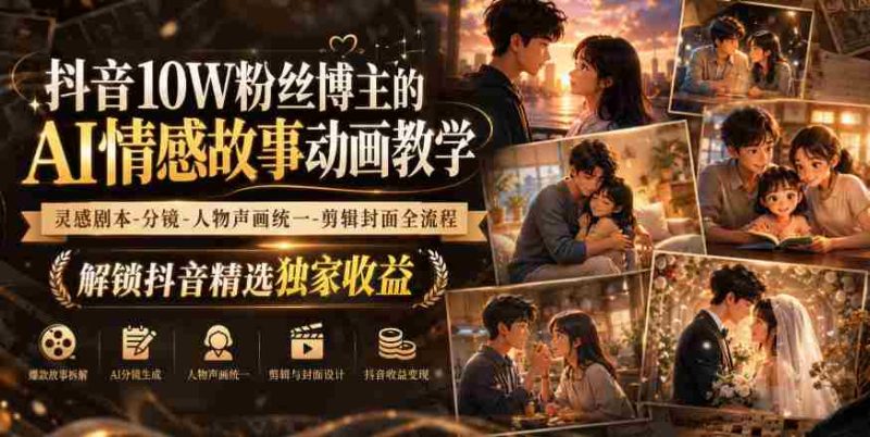 抖音10W粉丝博主的AI情感故事动画教学,灵感剧本‑分镜‑人物声画统一‑剪辑封面全流程,解锁抖音精选独家收益-有道网创