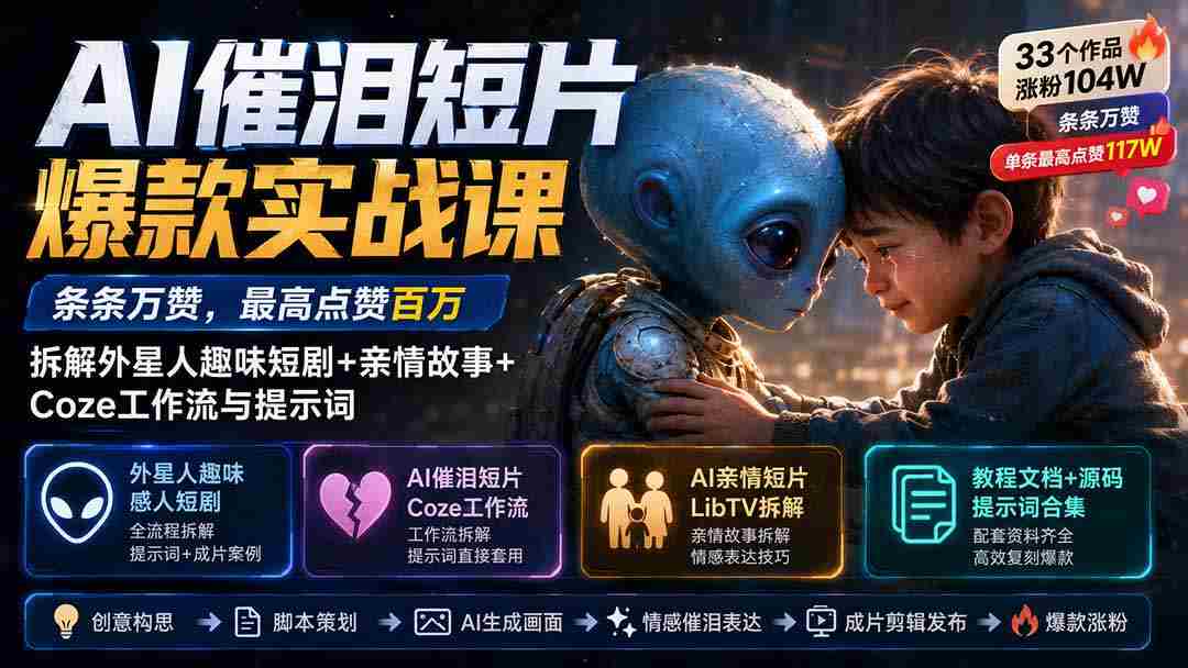 （20038期）AI催泪短片爆款实战课：条条万赞，最高点赞百万，拆解外星人趣味短剧+亲情故事+Coze工作流与提示词-有道网创