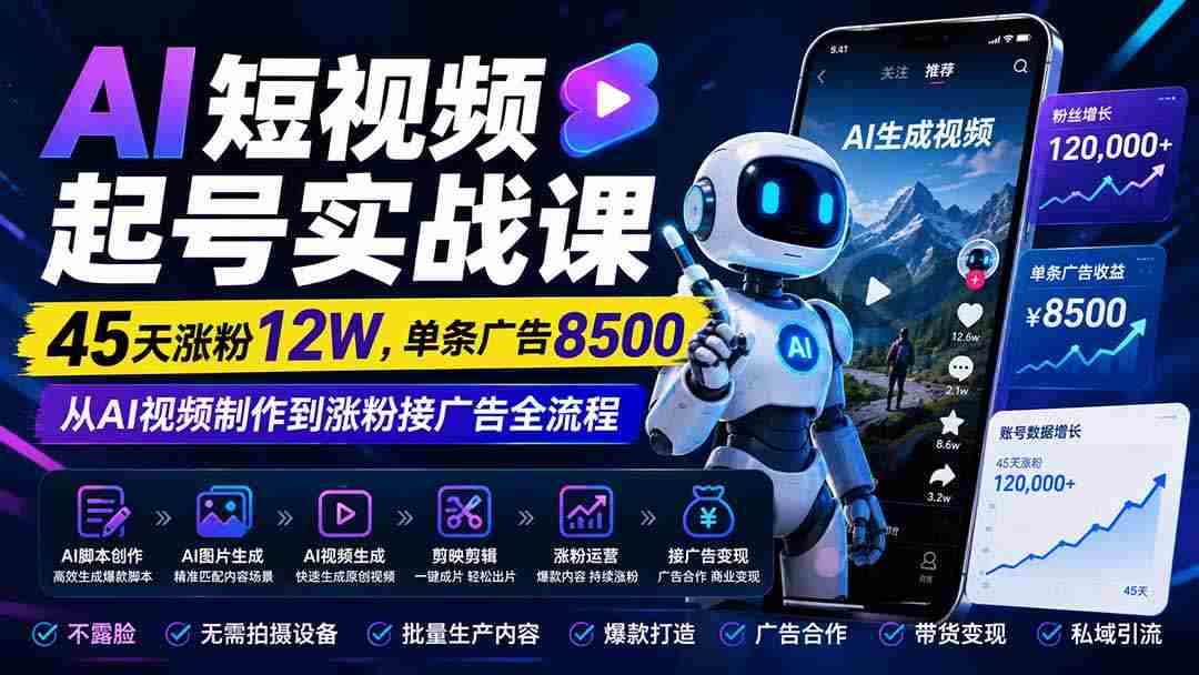 （20085期）AI短视频起号实战课：45天涨粉12W，单条广告8500，从AI视频制作到涨粉接广告全流程-有道网创