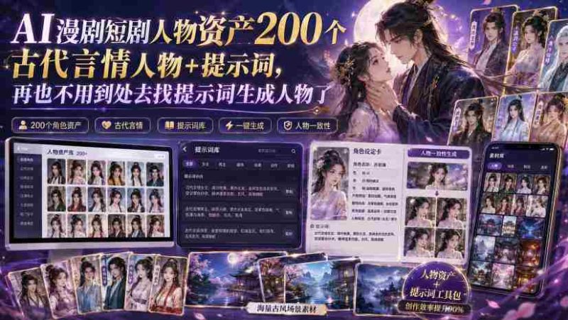 AI漫剧短剧人物资产200个古代言情人物+提示词，再也不用到处去找提示词生成人物了-有道网创