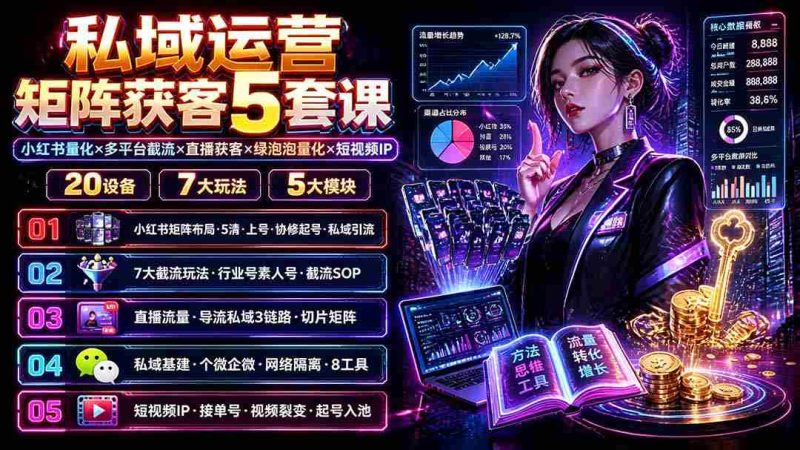 (19617期)私域运营矩阵获客5套课:小红书量化×多平台截流×直播获客×绿泡泡量化×短视频IP×20设备×7大玩法-有道网创