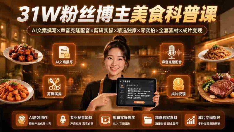 （19558期）31W粉丝博主美食科普课：AI文案撰写×声音克隆配音×剪辑实操×精选独家×零实拍×全套素材×成片变现-有道网创
