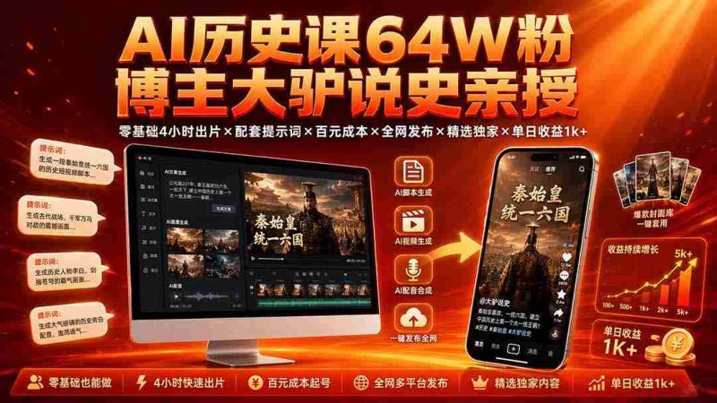 (19557期)AI历史课64W粉博主大驴说史亲授:零基础4小时出片×配套提示词×百元成本×全网发布×精选独家×单日收益1k+-有道网创