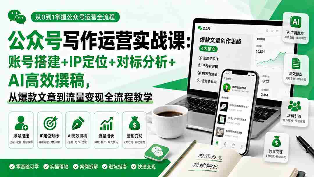 （19914期）公众号写作运营实战课：账号搭建+IP定位+对标分析+AI高效撰稿，从爆款文章到流量变现全流程教学-有道网创