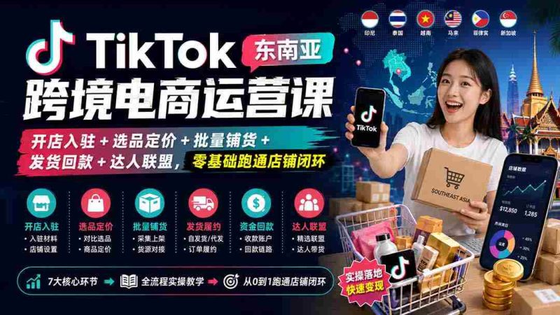 (20059期)TikTok东南亚跨境电商运营课:开店入驻+选品定价+批量铺货+发货回款+达人联盟,零基础跑通店铺闭环-有道网创