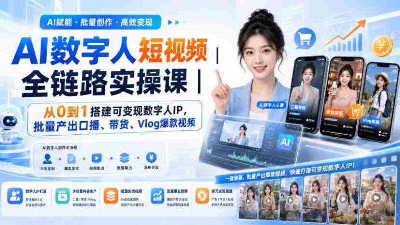 AI数字人短视频全链路实操课|从0到1搭建可变现数字人IP,批量产出口播、带货、Vlog爆款视频-有道网创