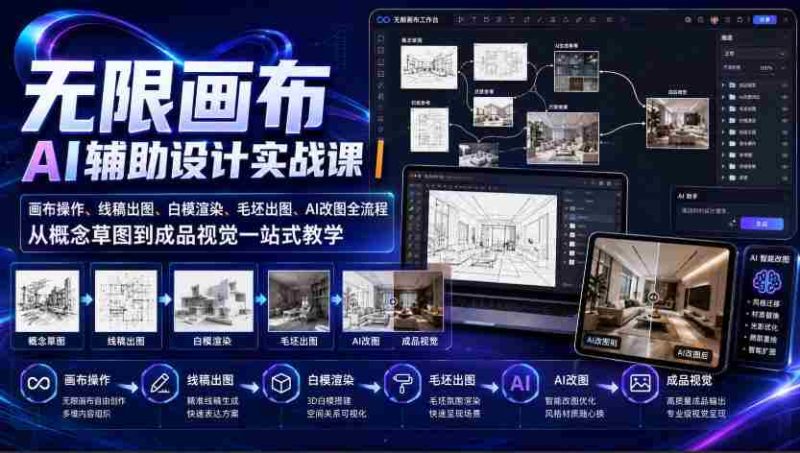 无限画布AI辅助设计实战课|画布操作、线稿出图、白模渲染、毛坯出图、AI改图全流程,从概念草图到成品视觉一站式教学-有道网创