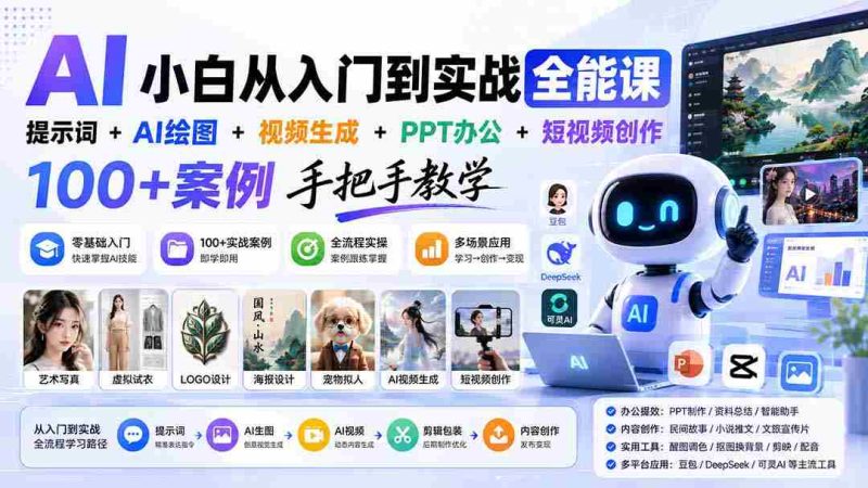 (20018期)AI小白从入门到实战全能课:提示词+AI绘图+视频生成+PPT办公+短视频创作,100+案例手把手教学-有道网创
