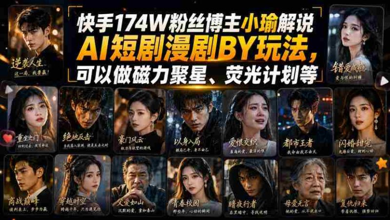 快手174W粉丝博主小瑜解说AI短剧漫剧搬运玩法，可以做磁力聚星、荧光计划等-有道网创