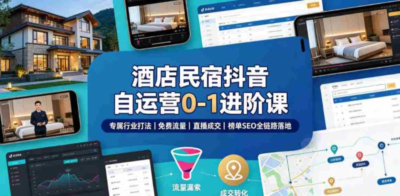 酒店民宿抖音自运营0-1进阶课|专属行业打法、免费流量+直播成交+榜单SEO全链路落地-有道网创