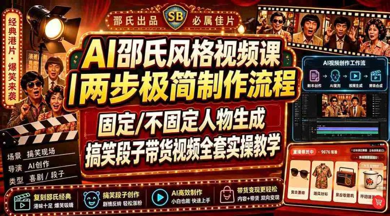 (19602期)AI邵氏风格视频课|两步极简制作流程,固定/不固定人物生成,搞笑段子带货视频全套实操教学-有道网创