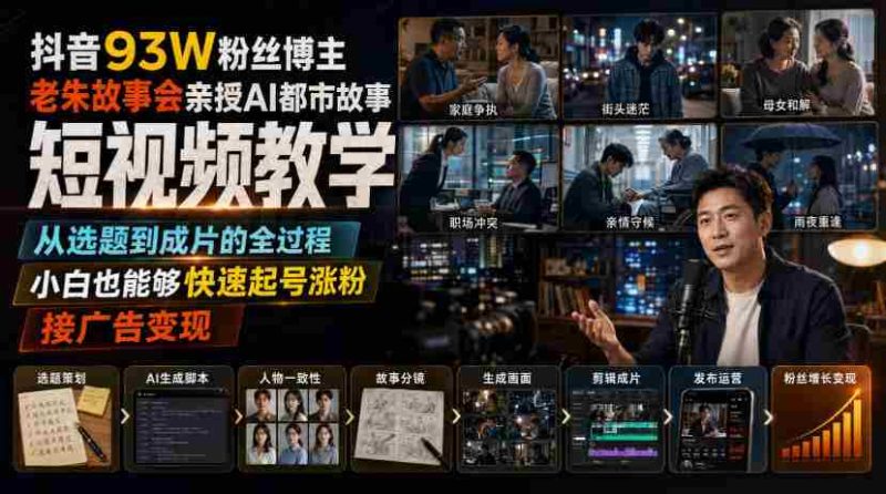 抖音93W粉丝博主老朱故事会亲授AI都市故事短视频教学,从选题到成片的全过程,小白也能够快速起号涨粉接广告变现-有道网创