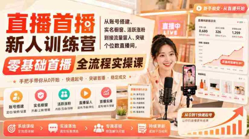 直播首播新人训练营|从账号搭建、实名橱窗、活跃涨粉到接流量留人、突破个位数直播间,零基础首播全流程实操课-有道网创