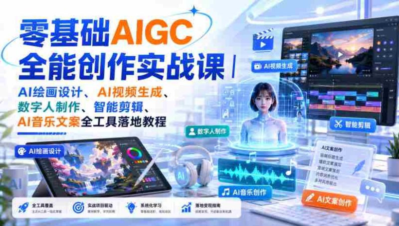 零基础AIGC全能创作实战课｜AI绘画设计、AI视频生成、数字人制作、智能剪辑、AI音乐文案全工具落地教程-有道网创
