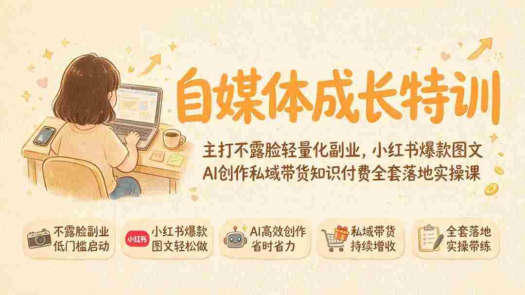 （19584期）自媒体成长特训｜主打不露脸轻量化副业，小红书爆款图文AI创作私域带货知识付费全套落地实操课-有道网创