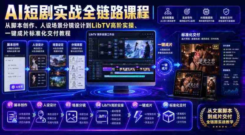 AI短剧实战全链路课程|从脚本创作、人设场景分镜设计到LibTV高阶实操、一键成片标准化交付教程-有道网创