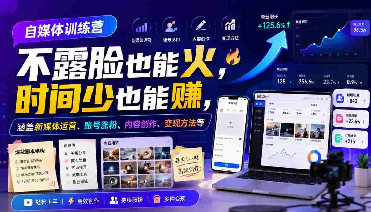 自媒体训练营，不露脸也能火，时间少也能賺，涵盖新媒体运营、账号涨粉、内容创作、变现方法等-有道网创