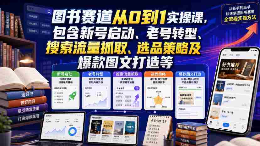 图书赛道从0到1实操课,包含新号启动、老号转型、搜索流量抓取、选品策略及爆款图文打造等