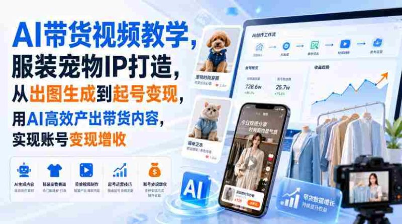 AI带货视频教学，服装宠物IP打造，从出图生成到起号变现，用AI高效产出带货内容，实现账号变现增收-有道网创