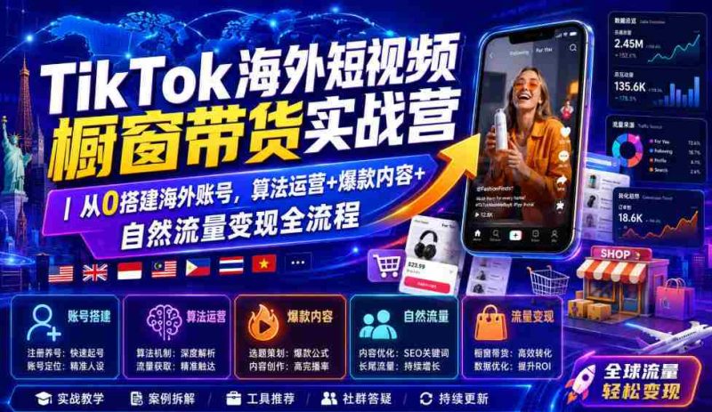 TikTok海外短视频橱窗带货实战营|从0搭建海外账号,算法运营+爆款内容+自然流量变现全流程-有道网创