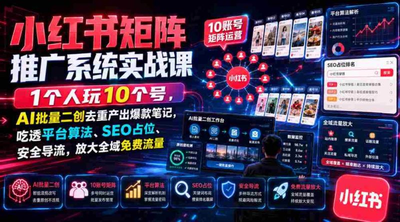 小红书矩阵推广系统实战课|1个人玩10个号,AI批量二创去重产出爆款笔记,吃透平台算法、SEO占位、安全导流,放大全域免费流量-有道网创